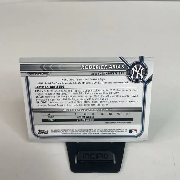 2022 Bowman Draft Roderick Arias Prospects #BD-79 Yankees RC - Picture 4 of 4